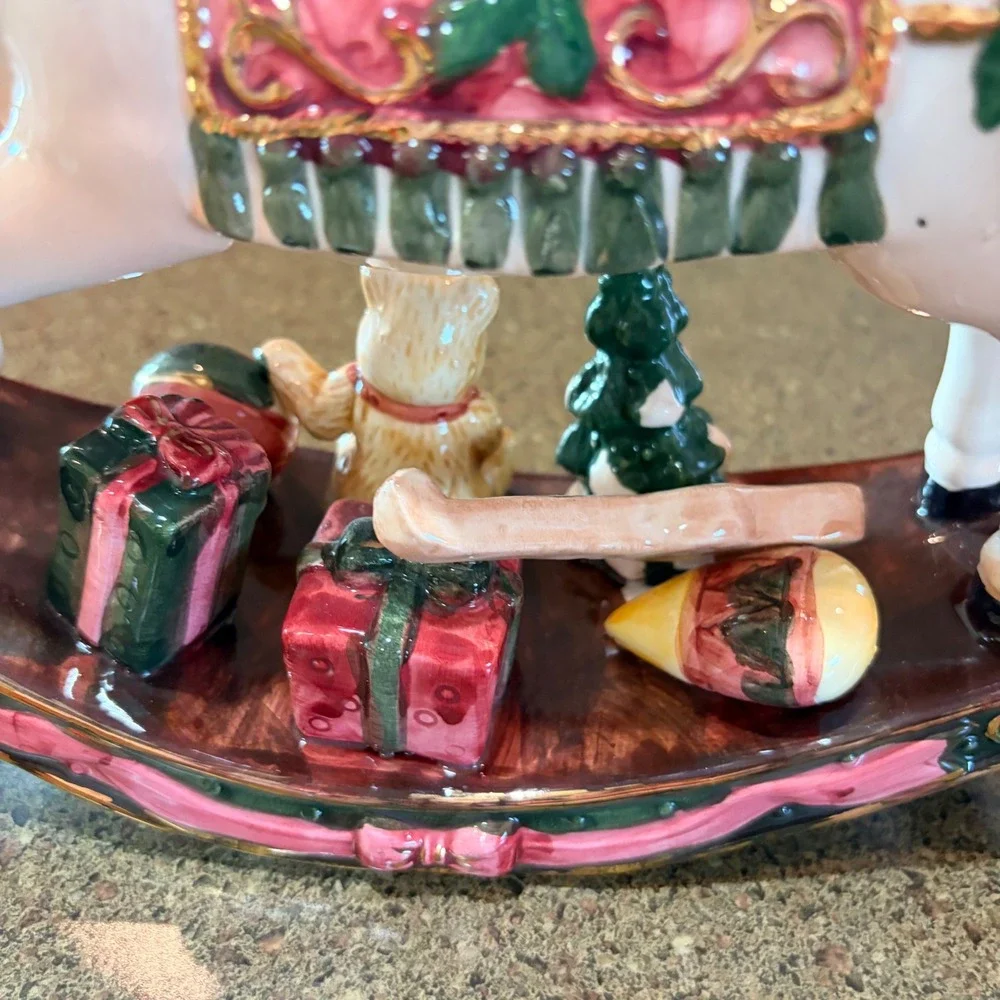 Christmas Rocking Horse Ceramic Figurine‎ Teddy Bear Gifts Gold Accents